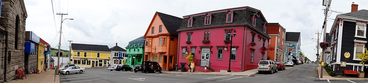 Painted wooden storefronts in downtown Lunenburg, Nova Scotia